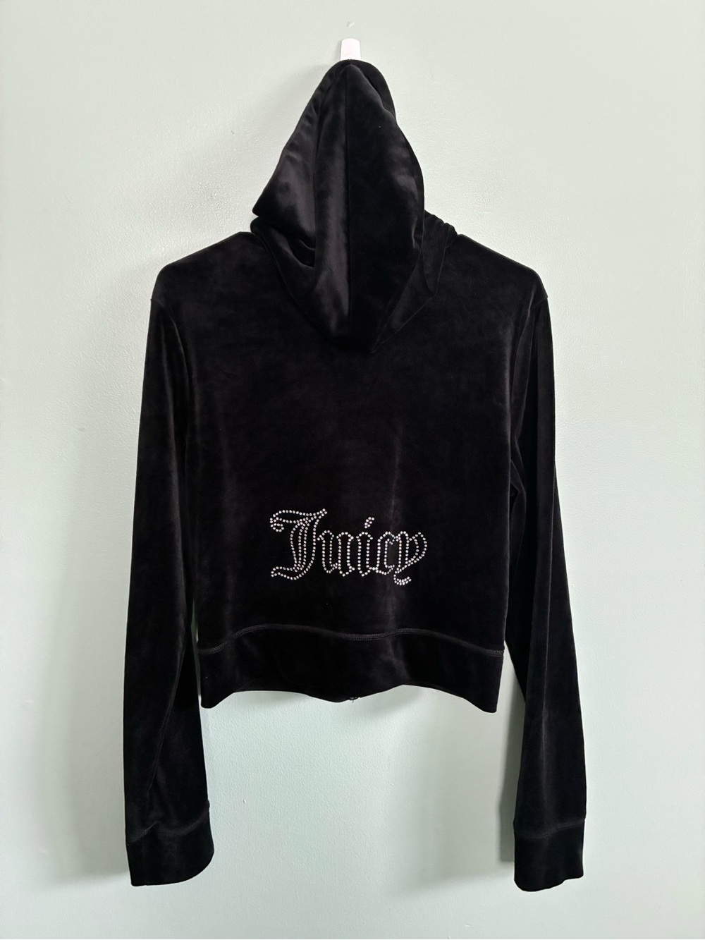 Y2K 2000s Juicy Couture Black Velour Rhinestone Juicy Hoodie Zip Up Size L
